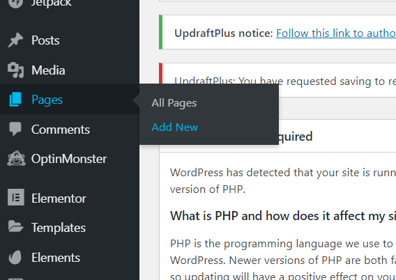 WordPress add a new page