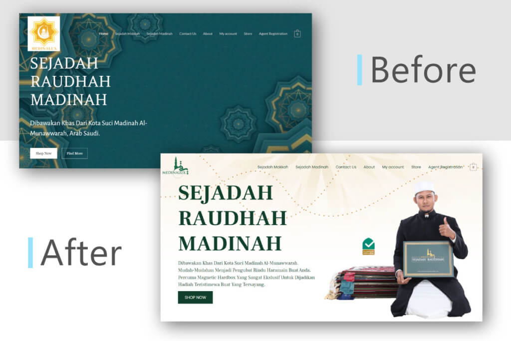 Before and After the website design optimization for Muslim Prayer Mat E-Commerce Store