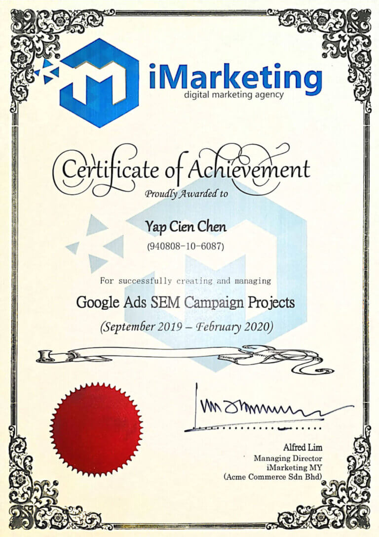 iMarketing Certificate Google Ads SEM Campaign Projects