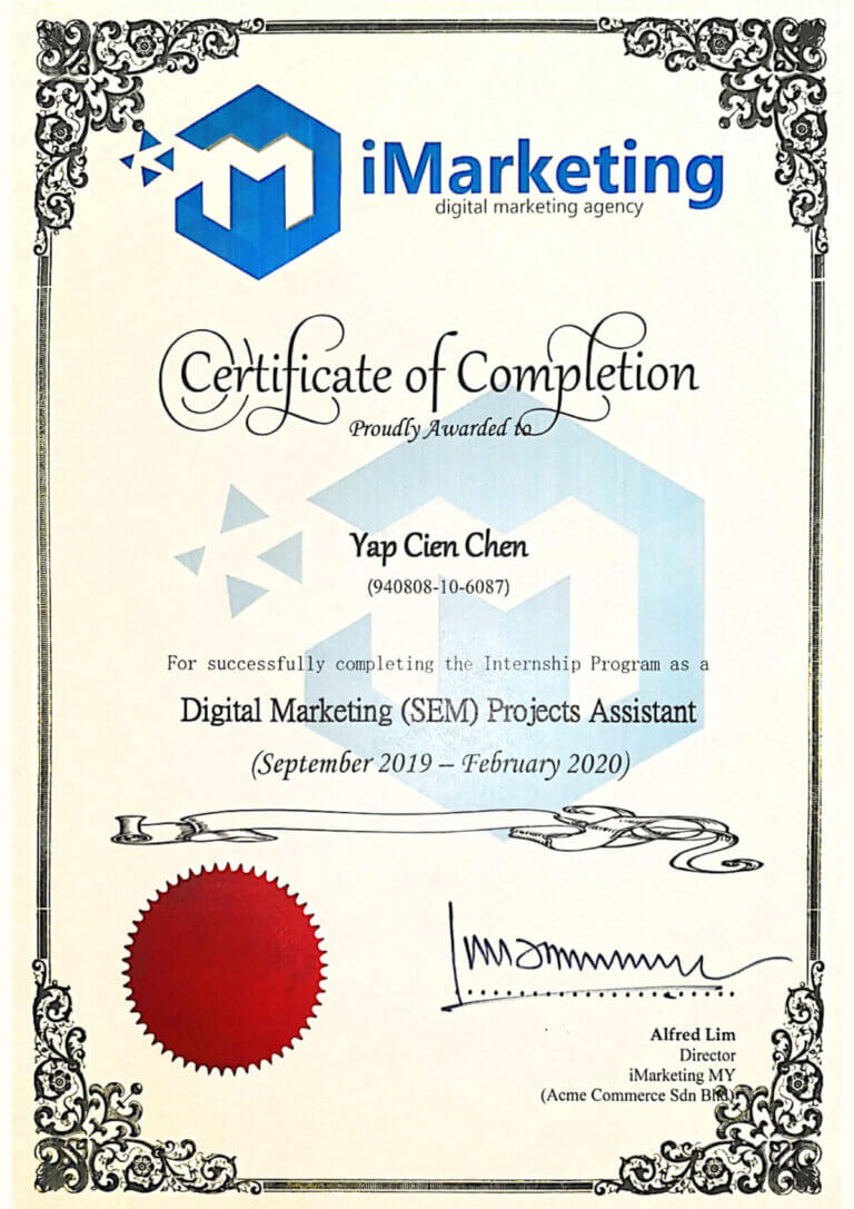 iMarketing Certificate Digital Marketing SEM Projects Assistant